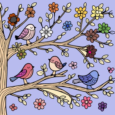 tree branches with birds and flowers