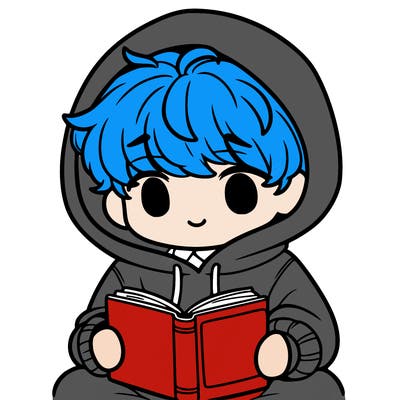 cute boy with fluffy hair an an oversized hoodie reading a book