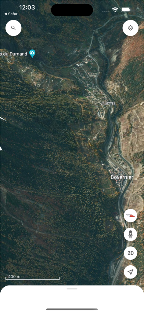 High resolution satellite imagery of a mountain valley in the Google Earth mobile app