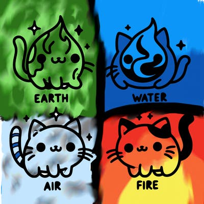 4 cats that represent the different elements, earth, water, air, and fire