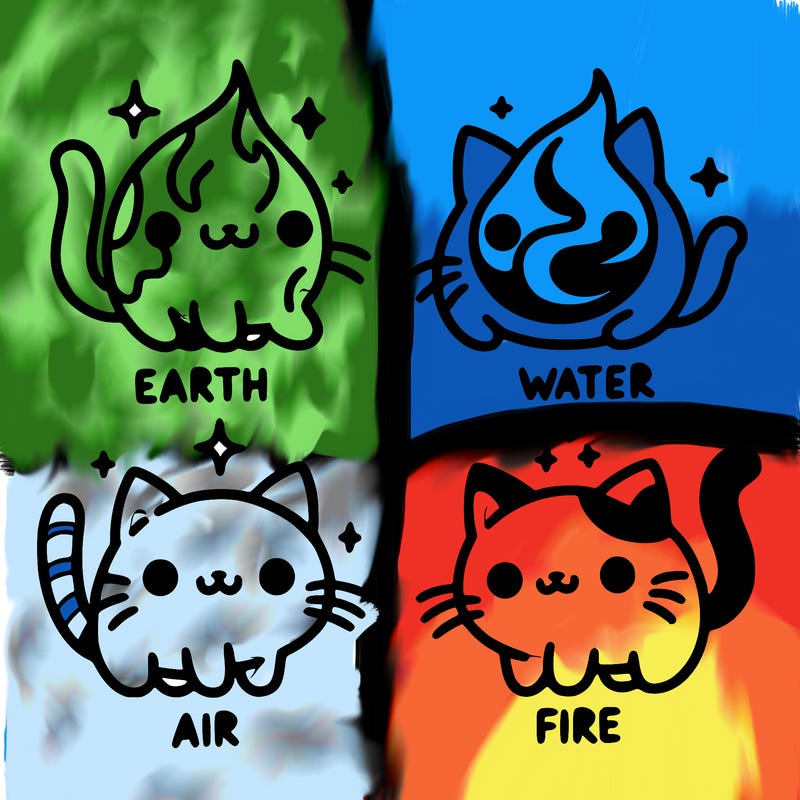 4 cats that represent the different elements, earth, water, air, and fire