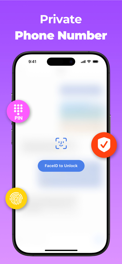 Call Now: 2nd Number Phone App - Interfaz de smartphone mostrando funciones de bloqueo de aplicaciones, incluyendo PIN de Face ID y Touch ID para un segundo número de teléfono privado