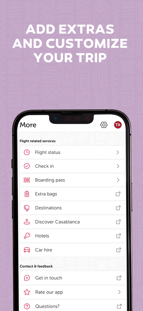 Royal Air Maroc - フライト状況の確認、チェックイン、ホテル予約などの旅行サービスを表示するロイヤル・エア・モロッコアプリのインターフェース