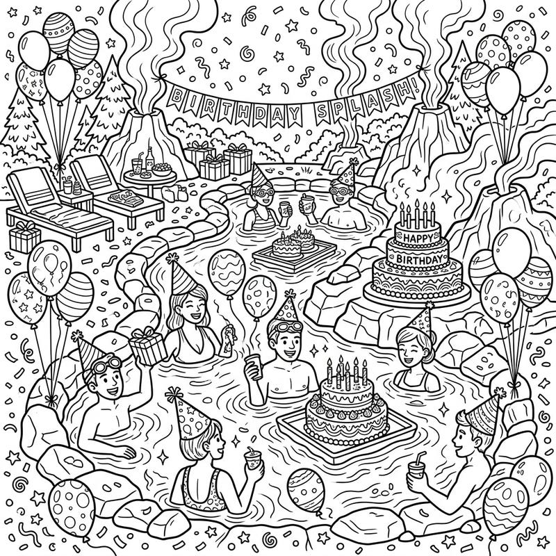 Unwind with this festive hot springs birthday party coloring page, perfect for a relaxing and creative escape. Discover a unique celebration featuring friends, cakes, and volcanic warmth, ready for your artistic touch.