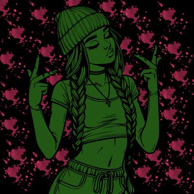 realistic teenage girl with braids and a beanie and crop top doing 🫶🏼