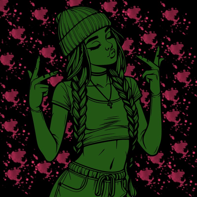 realistic teenage girl with braids and a beanie and crop top doing 🫶🏼