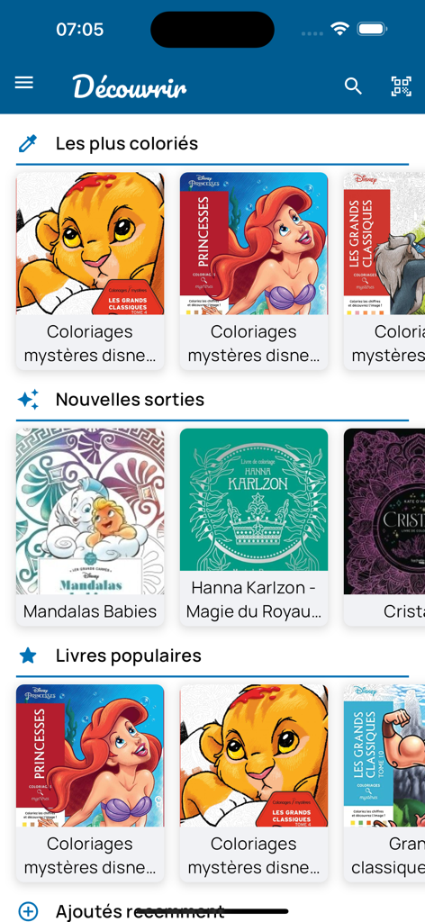 BuddyColo app discovery screen displaying a catalog of coloring books organized by popularity and new releases