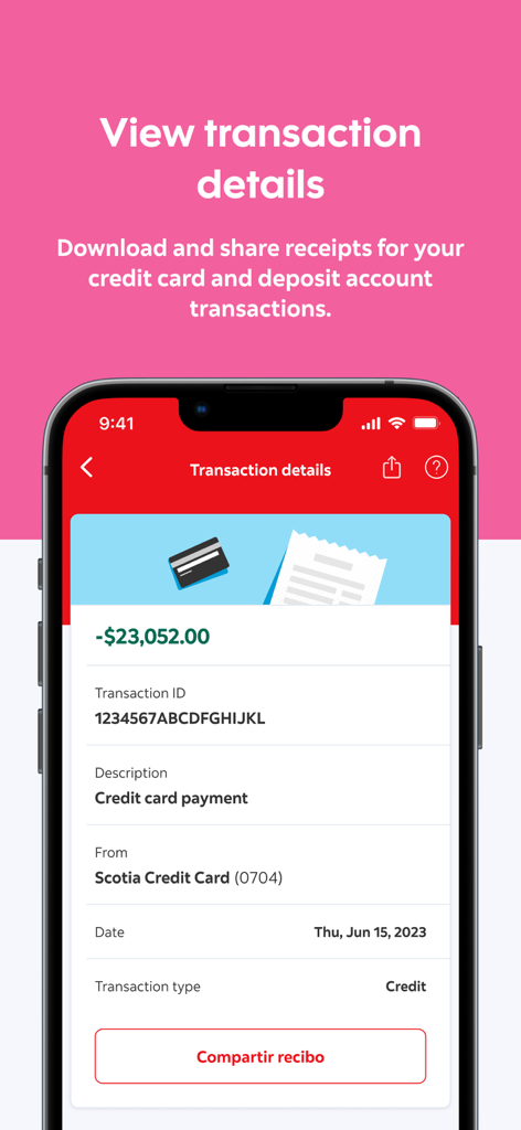 Scotia Caribbean - Pantalla móvil que muestra los detalles de las transacciones de tarjetas de crédito y el intercambio de recibos en la aplicación bancaria Scotia Caribbean