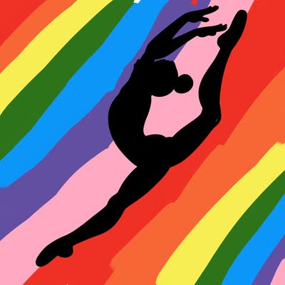 gymnast doing a leap in a leotard with a bent back leg