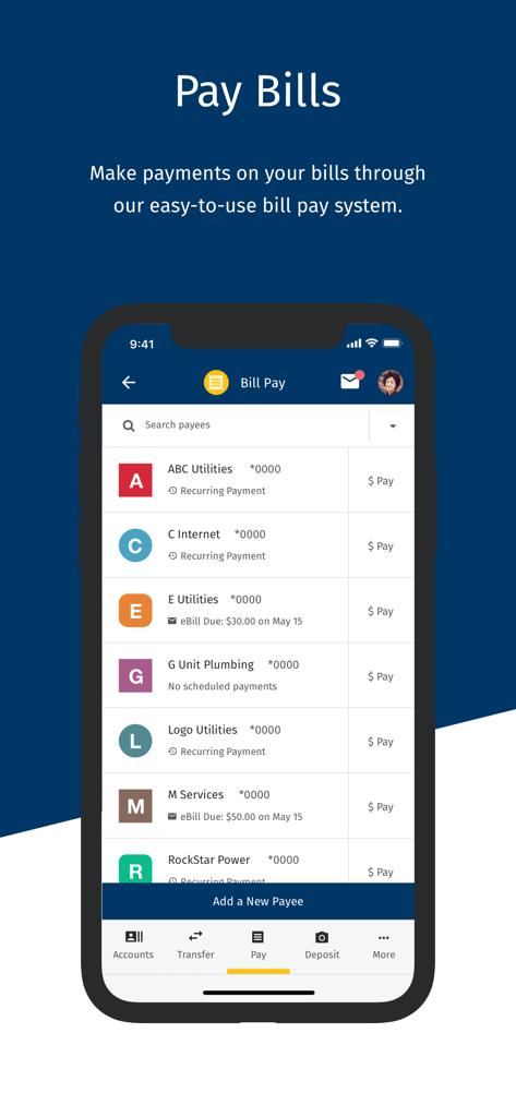 ACU of Texas mobile banking app bill pay screen showing a list of payees like utilities and internet services