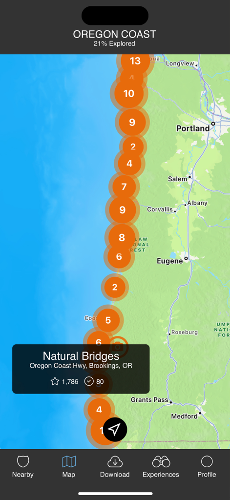 Oregon Coast Offline Guide - Una schermata di un'app mobile che mostra una mappa della costa dell'Oregon con marcatori numerati lungo la Highway 101.