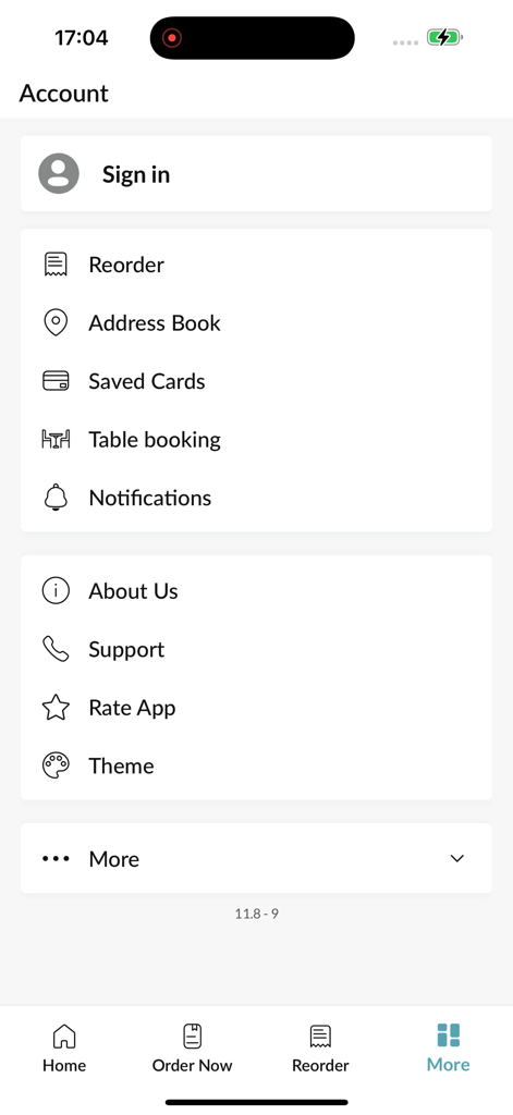 Account and settings menu screen for the Padthai In Chisholm mobile app showing options for reordering, address book, and table booking.