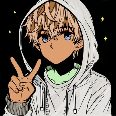 teenage manga boy in a hoodie, doing ✌