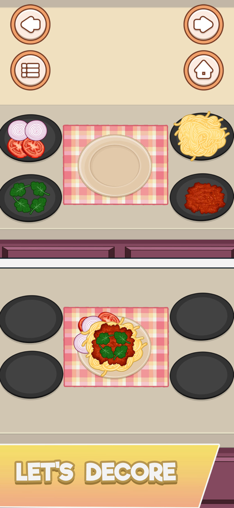 Cozy Kitchen ASMR Cooking Game - A digital screenshot of a cozy cooking game showing ingredients like pasta and sauce being arranged on a plate with the text let's decore.