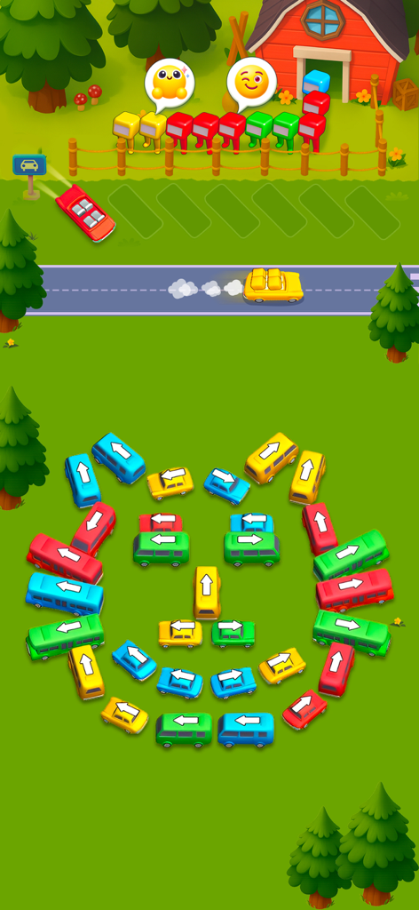Bus Fever - Car Parking Jam - Gameplay of Bus Fever showing a parking jam puzzle with color coded cars and passengers