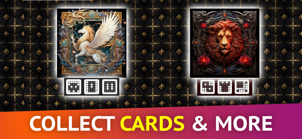 Screenshot dell'app ChatBingo che mostra cartelle da collezione Pegaso e Leone con schemi bingo sbloccabili