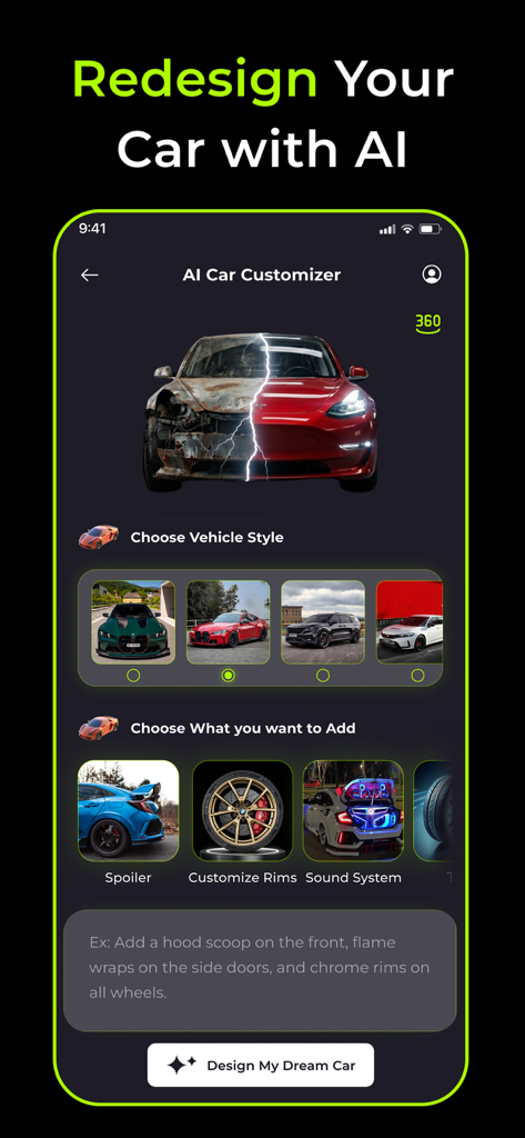 AI Car Modifications - CarMod - Interfaz de la aplicación AI Car Modifications mostrando opciones de personalización de coches, incluyendo estilos de vehículo y piezas como alerones y llantas