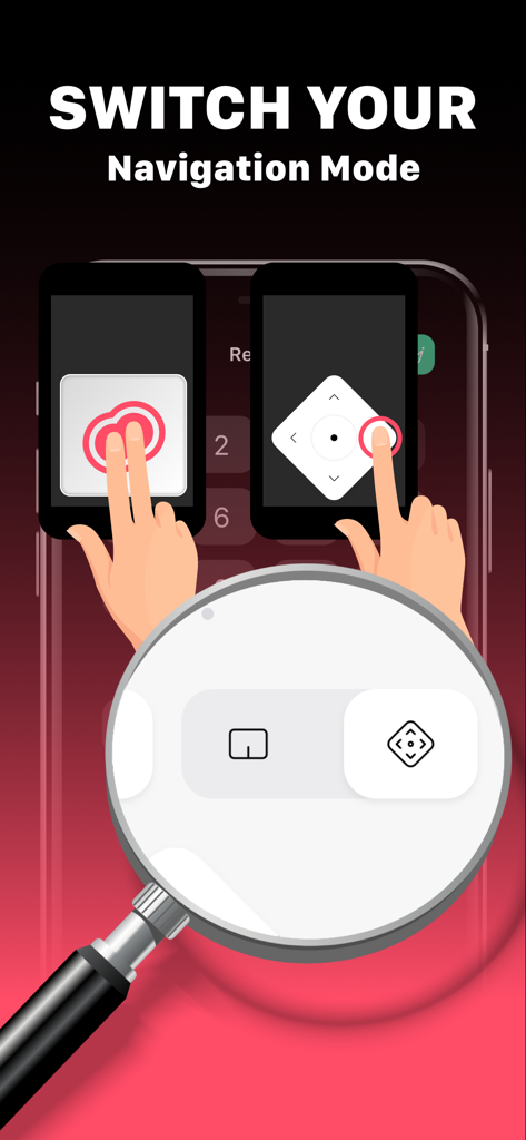 Capture d'écran de l'application TV Plus montrant le passage entre les modes de navigation pavé tactile et directionnel.