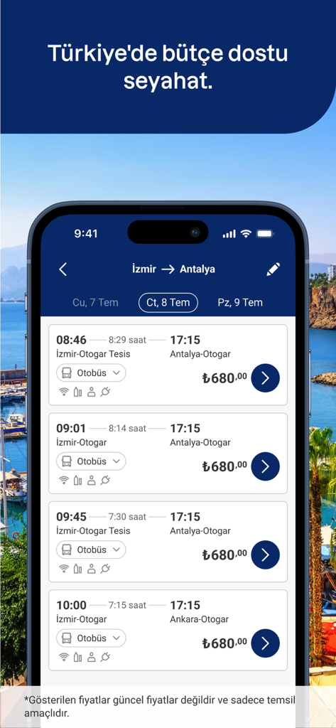 Kamil Koc mobile app interface showing bus trip options and prices for travel in Turkey