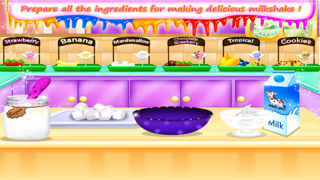 My Frozen Milkshake Party - ミルクシェイクを作るための材料（牛乳、砂糖、フルーツトッピングなど）が並んだカラフルな仮想キッチンカウンター