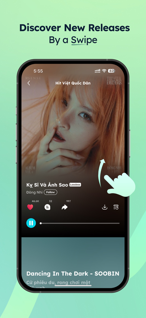 Interface of the NCT NhacCuaTui music app showing a swipe-up gesture to discover new Vietnamese releases.