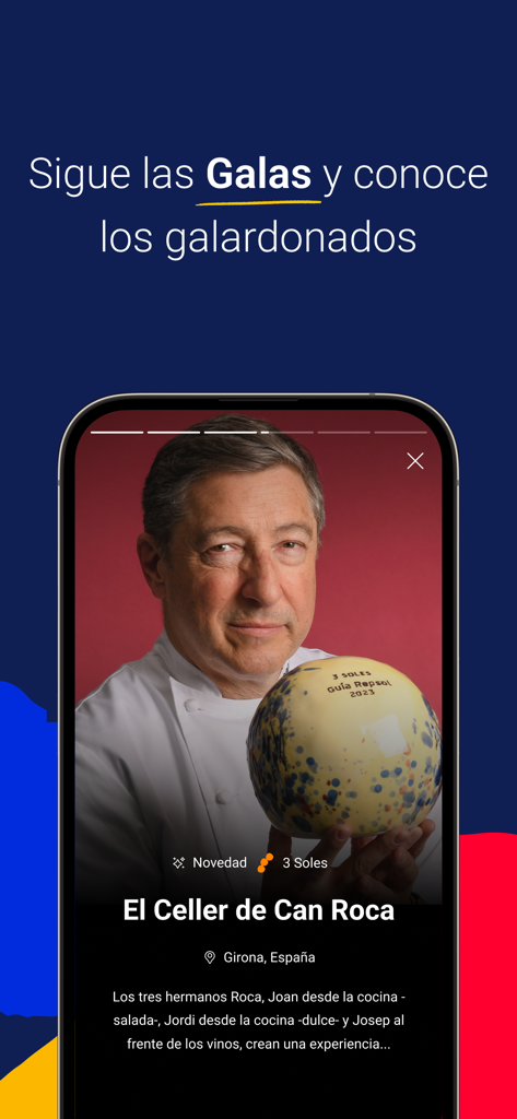 Captura de pantalla de la aplicación Guía Repsol con el chef de El Celler de Can Roca sosteniendo un premio de 3 Soles