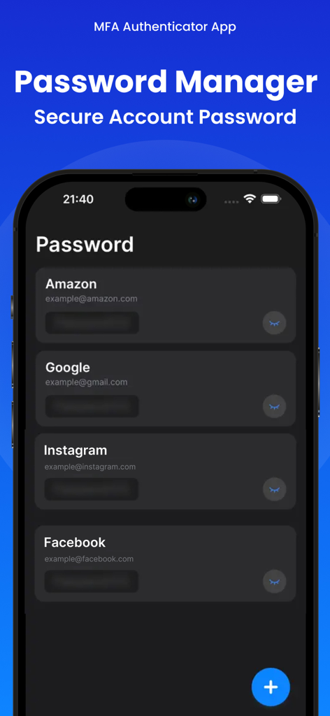 MFA-2FA Authenticator,OTP,Auth - La pantalla del gestor de contraseñas de la app MFA Authenticator mostrando detalles de inicio de sesión seguros para cuentas de Amazon, Google, Instagram y Facebook
