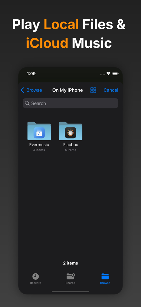 Flacbox: Hi-Res Music Player - Interfaz de la aplicación Flacbox que muestra la gestión de archivos locales y música de iCloud en un iPhone.