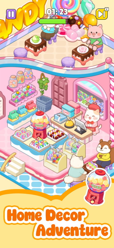 Dream Room Decor - Una linda escena de tienda de dulces de Dream Room Decor con colores pastel y adorables personajes animales.