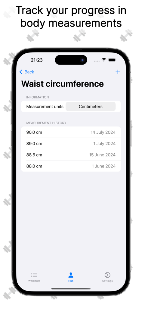 Workouts Gym Diary - Workouts Gym Diary app screen showing waist circumference measurement history and tracking progress.