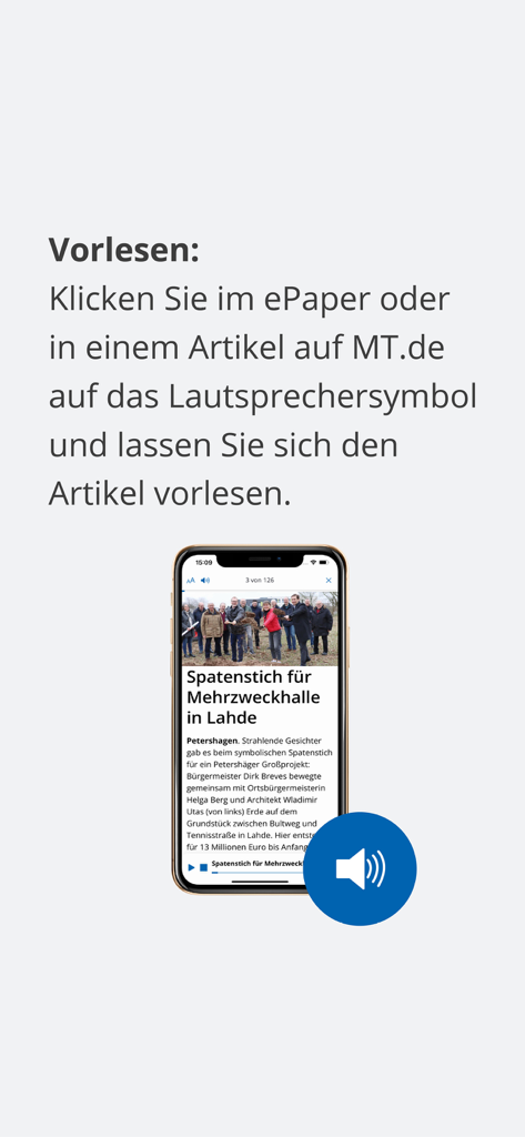 Teléfono móvil mostrando la función de lectura en voz alta de la aplicación Mindener Tageblatt para artículos de noticias locales