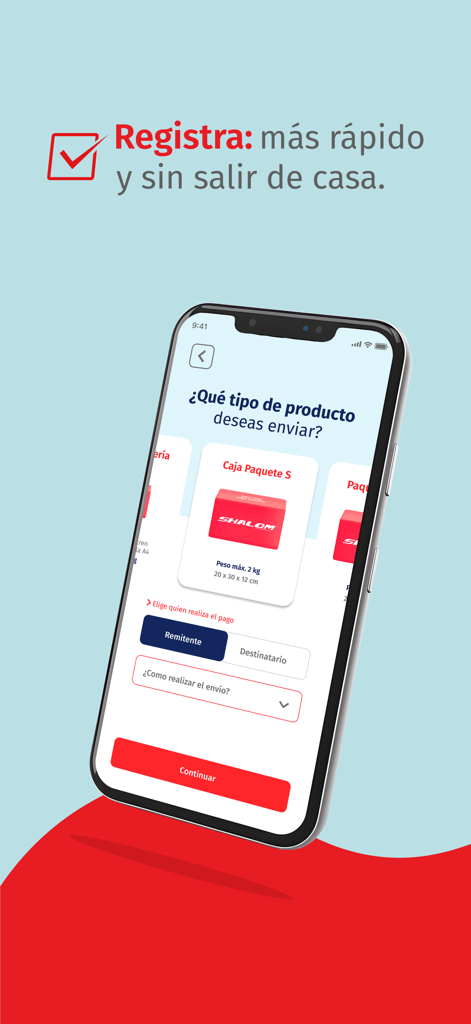 Interfaz de la aplicación SHALOM para registrar un envío y seleccionar tipos de paquetes como cajas pequeñas