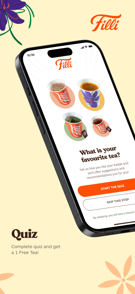 FiLLi - FiLLi mobile app screen showing a tea preference quiz to earn a free tea reward.