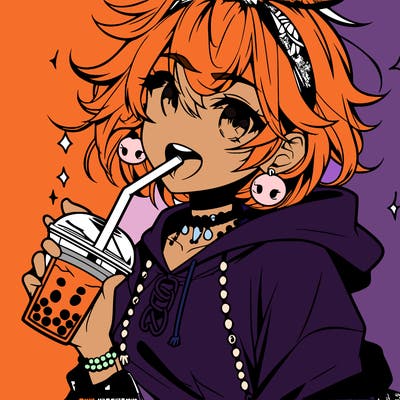 hot baddie anime girl drinking boba and biting the straw