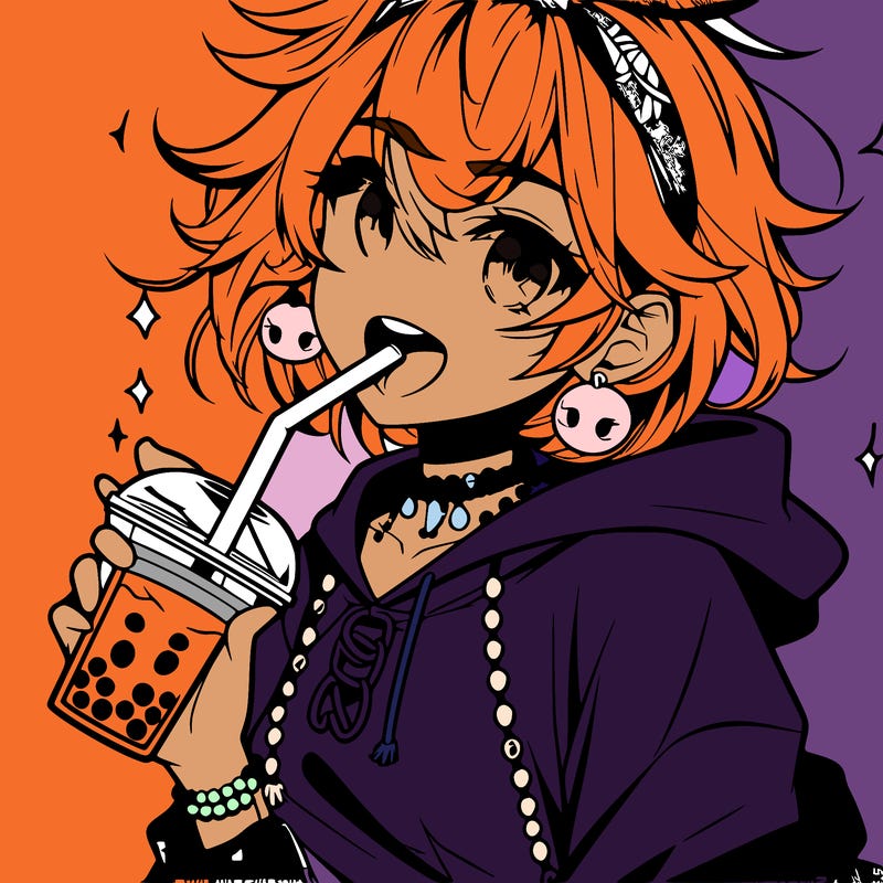 hot baddie anime girl drinking boba and biting the straw