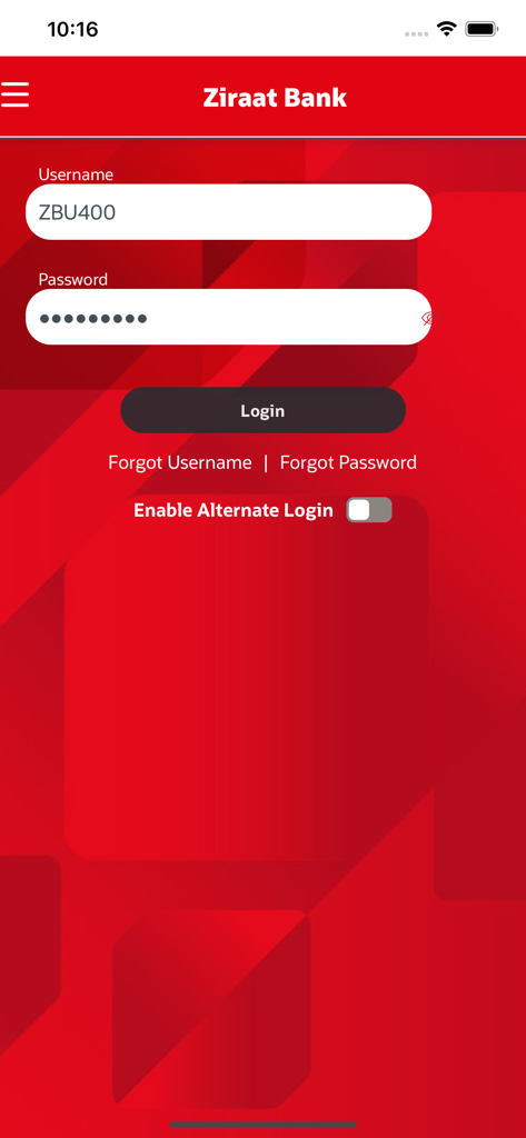 Ziraat Bank Mobile Uzbekistan - Ziraat Bank Mobile Uzbekistanアプリのログイン画面。赤色の背景にユーザー名とパスワードフィールドが表示されています。