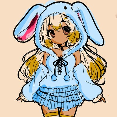 pretty anime girl wearing a fluffy hoodie with bunny ears on the hood and a skirt