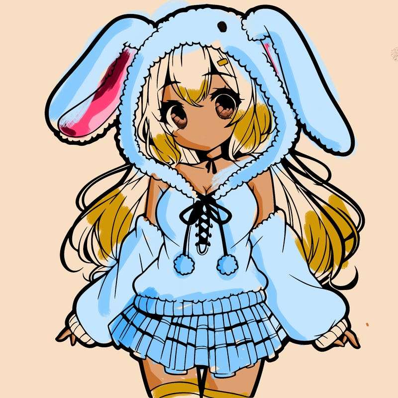 pretty anime girl wearing a fluffy hoodie with bunny ears on the hood and a skirt