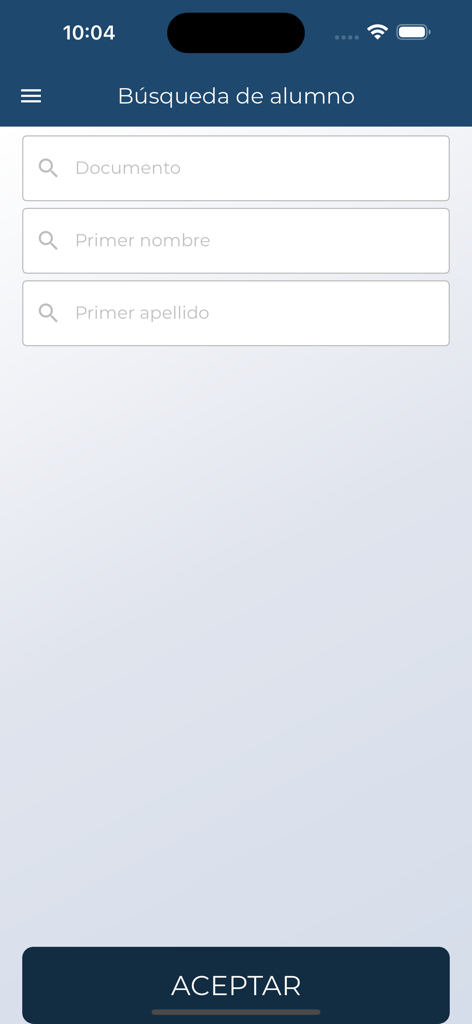 Guri Docentes - Student search interface in the Guri Docentes app with fields for ID and name