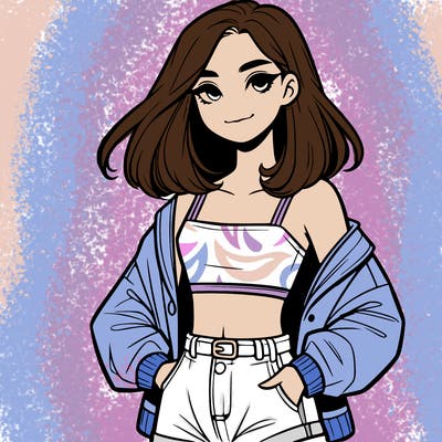 a realistic girl with a crop top and short shorts in an open jacket