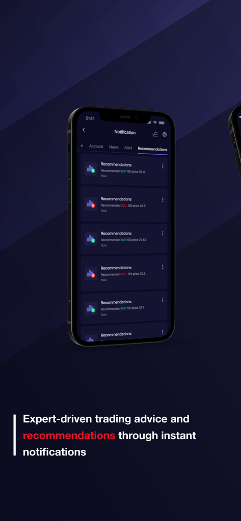 SSI iBoard Pro - SSI iBoard Pro app interface showing trading recommendations and buy sell alerts