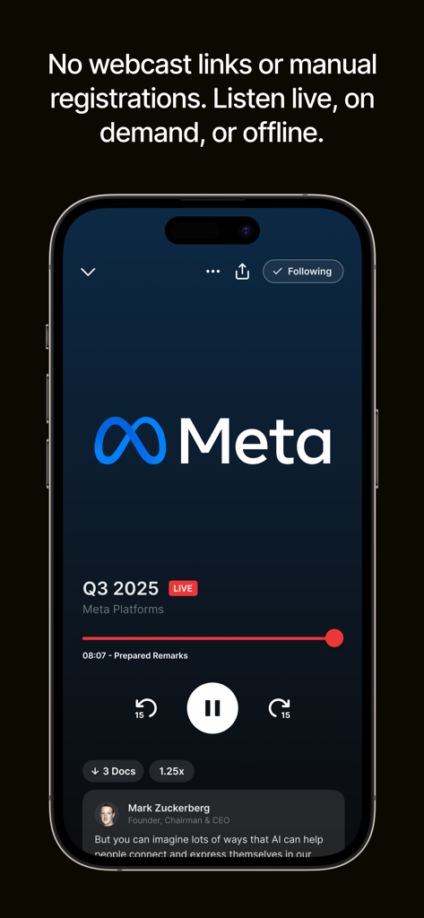 Quartr: Financial Research - iPhone screen showing the Quartr app audio player for a live Meta Q3 2025 earnings call with playback controls and live transcript