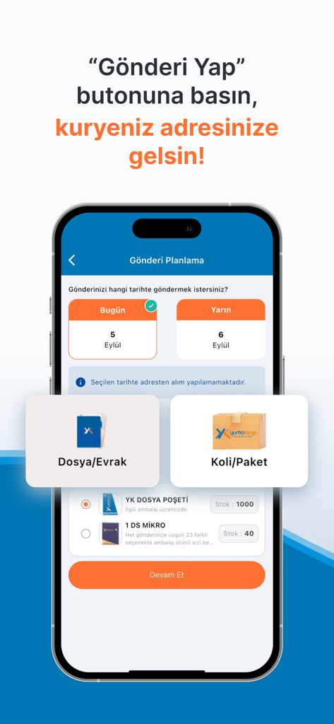 Yurtiçi Kargo - Schermata di pianificazione spedizioni dell'app mobile Yurtiçi Kargo che mostra le opzioni per programmare un ritiro corriere per documenti o pacchi.