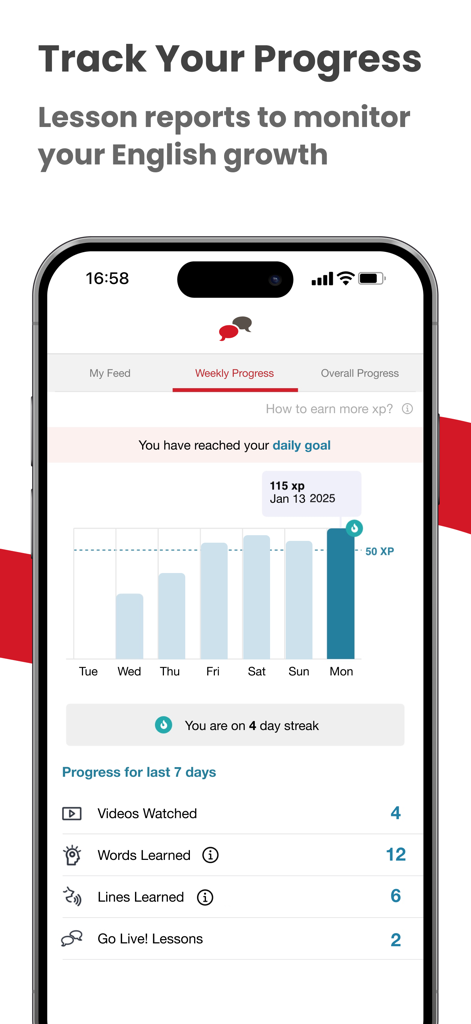 EnglishCentral - Learn English - EnglishCentralアプリのスクリーンショット、毎日のXP獲得数と学習統計の棒グラフが表示された週次進捗ダッシュボードを表示