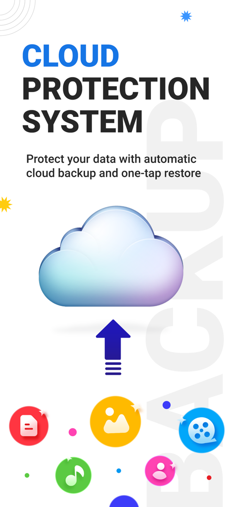 Photo Vault: Hide Pics & Video - Screenshot illustrating the cloud protection system for the photo vault app showing automatic backup and one-tap restore features.