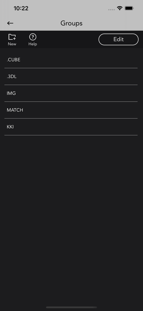 VideoLUT - VideoLUTアプリのインターフェイスに、CUBEおよび3DLファイル形式のグループが表示されています。