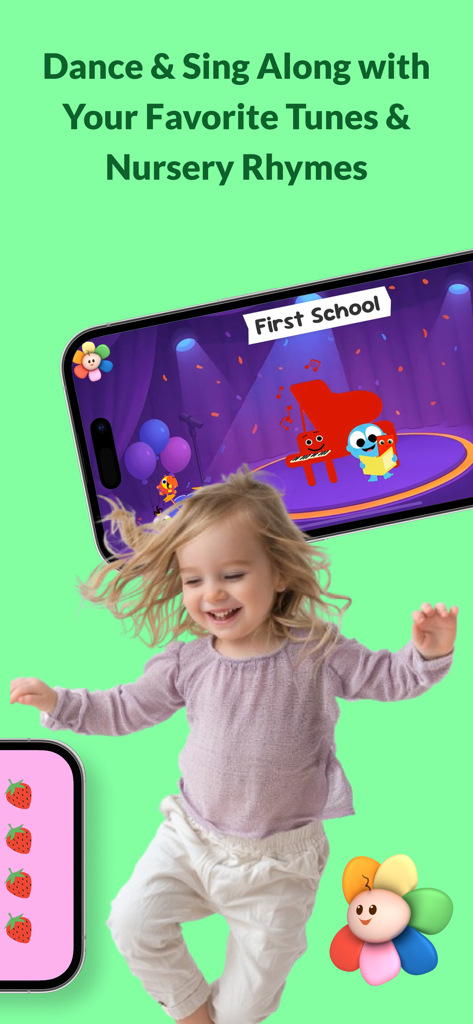 First | Fun Learning for Kids - Una niña feliz bailando y cantando canciones infantiles en la aplicación educativa First.