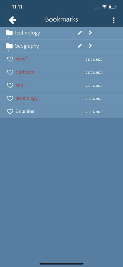 Longman Dictionary of English - Pantalla de marcadores en la aplicación Longman Dictionary que muestra palabras en inglés guardadas y carpetas de vocabulario.