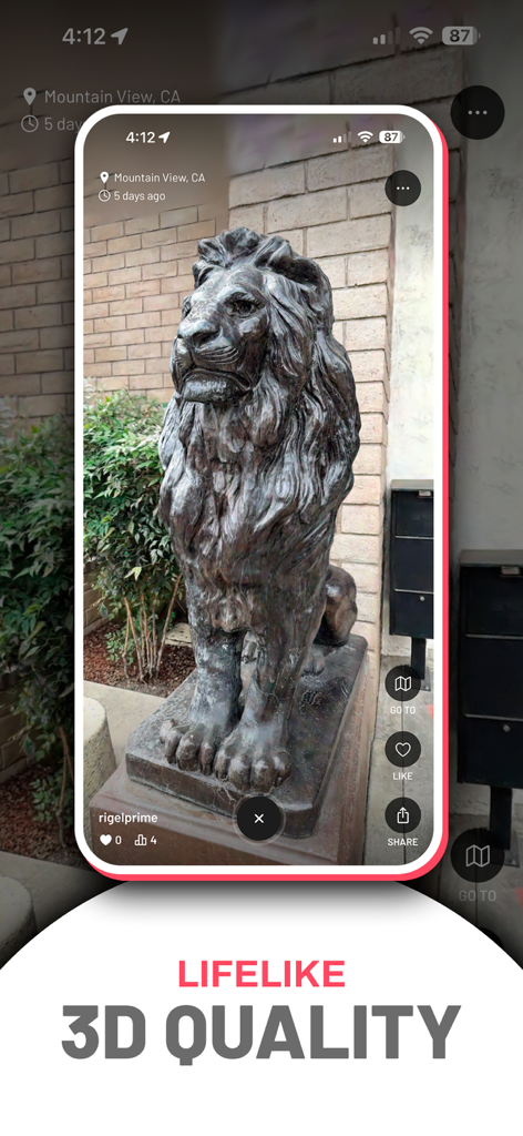 A high quality 3D scan of a lion statue shown in the Scaniverse mobile app interface