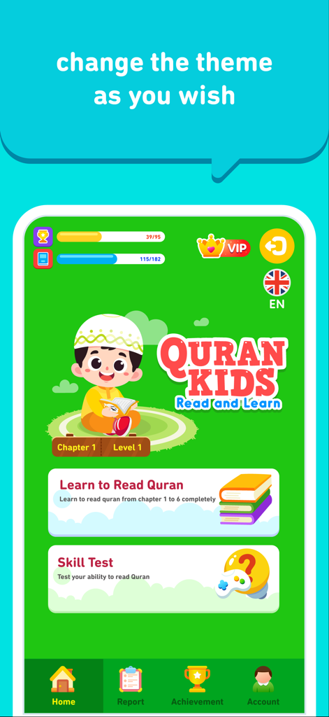 Home screen of the Iqro Learn Al-Quran Kids app showing learning modules and progress tracking for children